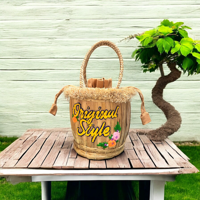 バナナリーフ製 オリジナル刺繍ナチュラルバッグ