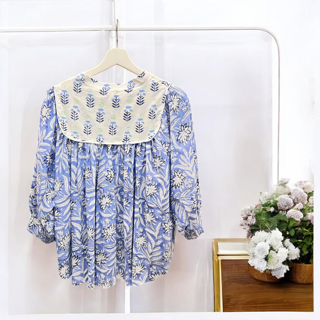 花柄ブロックプリント  インド綿  ブラウス  /春夏秋 3シーズン対応