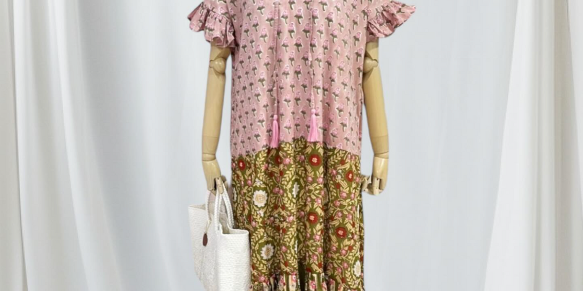 インド綿ブロックプリントワンピース｜3つの柄切替が魅力の