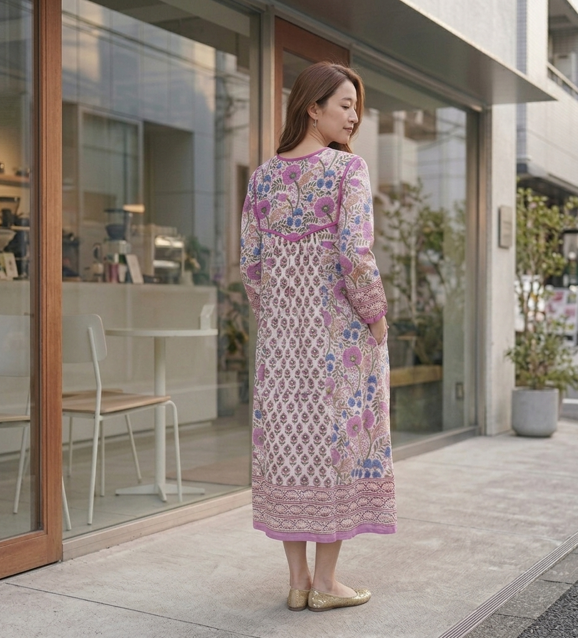 インド綿 ブロックプリント胸ステッチワンピース （2種類）