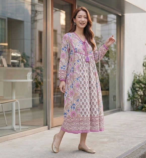 インド綿 ブロックプリント胸ステッチワンピース （2種類）