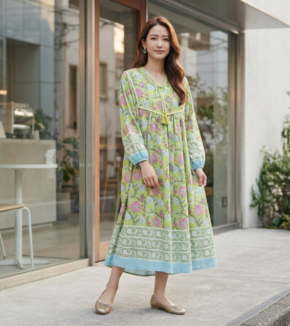 インド綿 ブロックプリント胸ステッチワンピース （2種類）