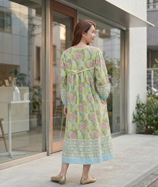 インド綿ワンピース|ブロックプリント胸ステッチ|UNIQKY インド綿ワンピース|ブロックプリント胸ステッチ|UNIQKY