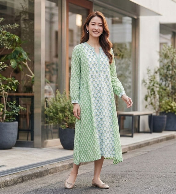 春夏インドコットン切替ブロックプリントワンピース