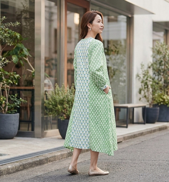 春夏インドコットン切替ブロックプリントワンピース