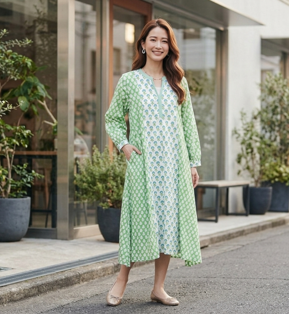 春夏インドコットン切替ブロックプリントワンピース