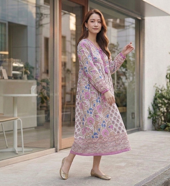 インド綿 ブロックプリント胸ステッチワンピース （2種類）