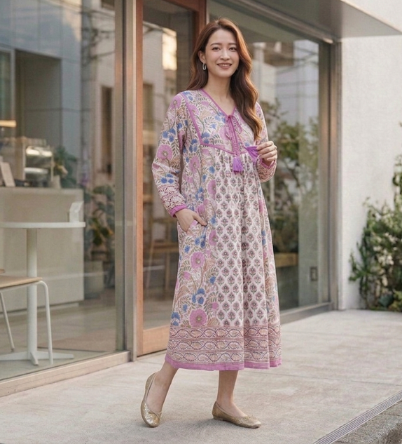 インド綿 ブロックプリント胸ステッチワンピース （2種類）