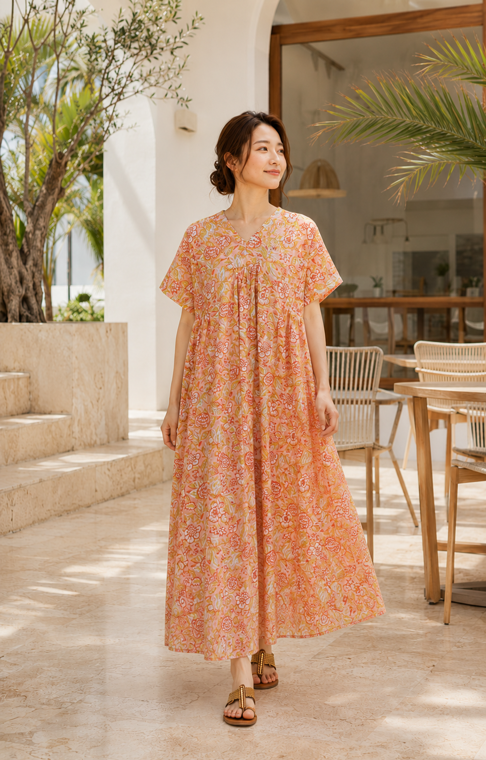 インド綿 ブロックプリント シルエットアレンジワンピース オレンジ 着用|コットンワンピース レディース|UNIQKY