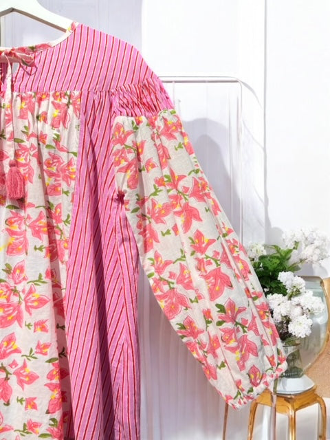 コットンボイル フローラルミックス・タッセルブラウス 2025新作 S/S インド製