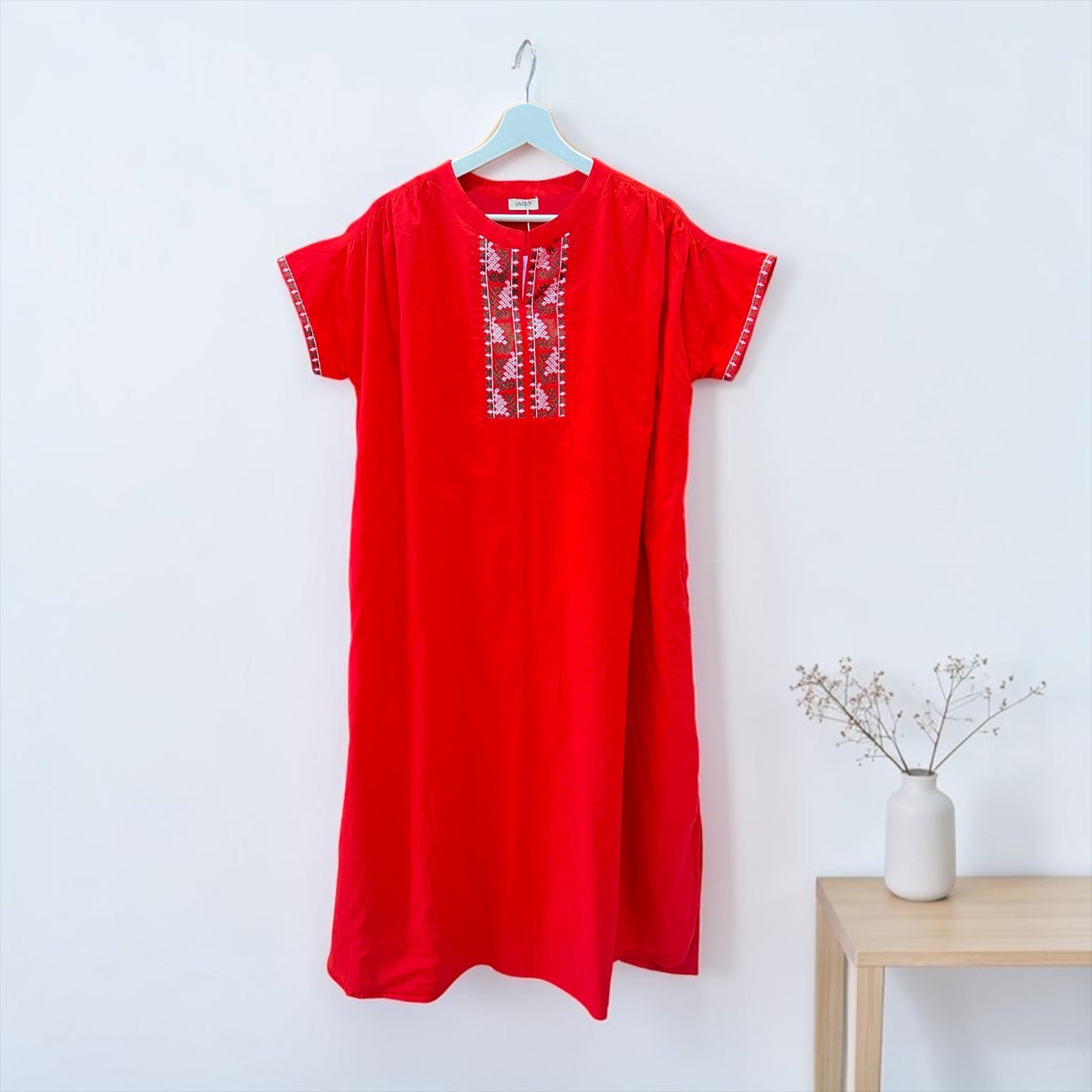 コットン100 刺繍ワンピース レッド 手仕事 ブロックプリント風