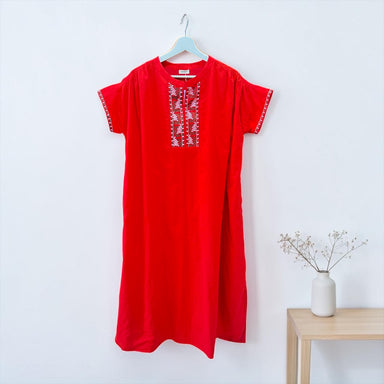 コットン100 刺繍ワンピース レッド 手仕事 ブロックプリント風
