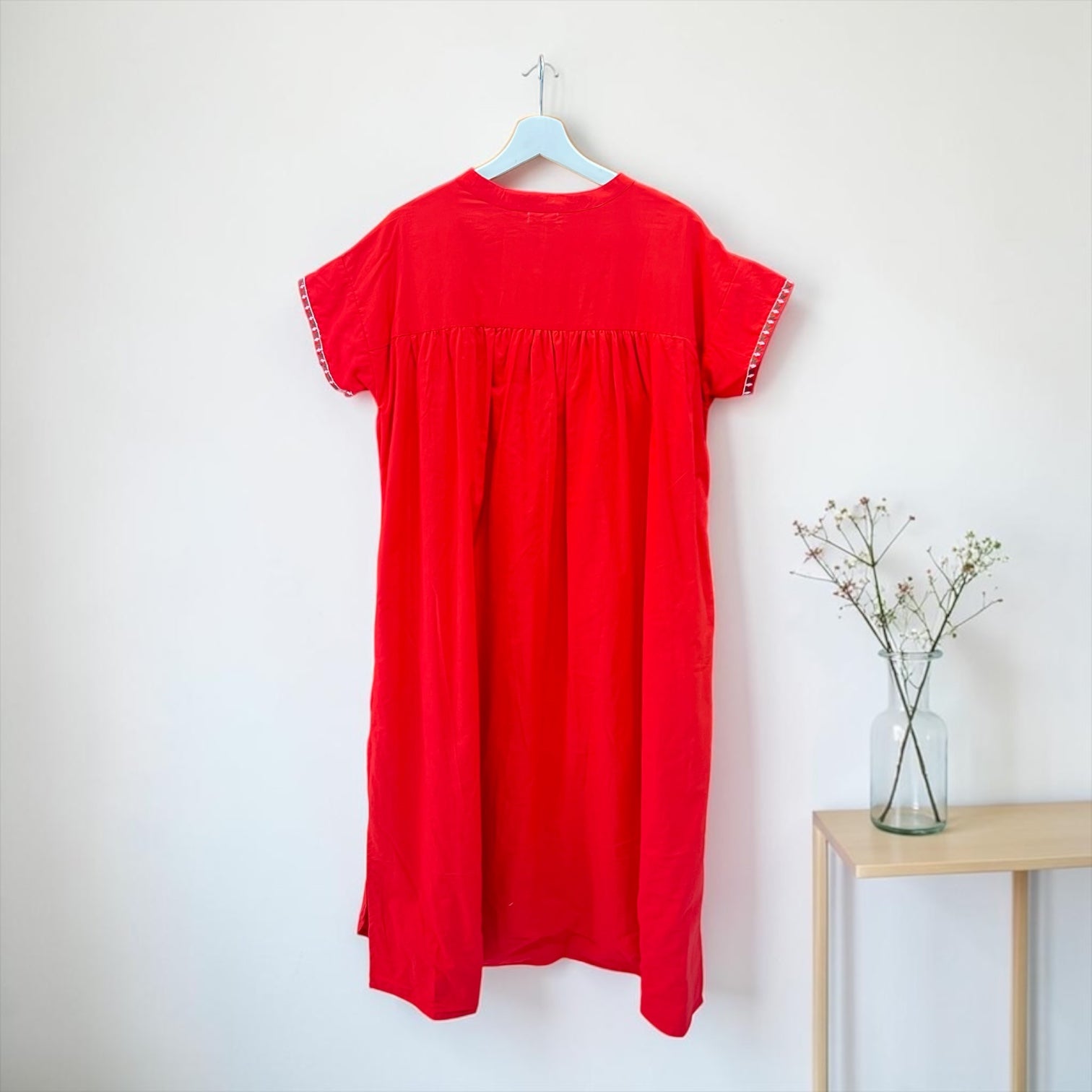 コットン100 刺繍ワンピース レッド 手仕事 ブロックプリント風