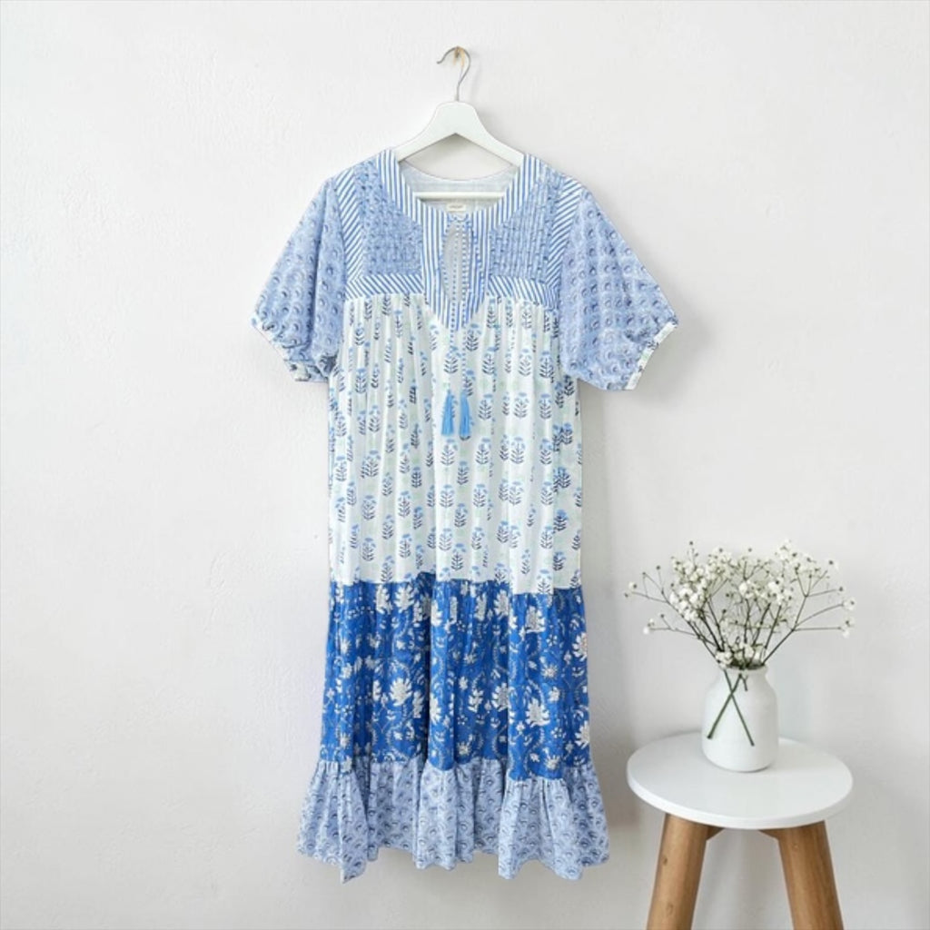 インド綿ブロックプリントワンピース｜コットン ティアード｜UNIQKY