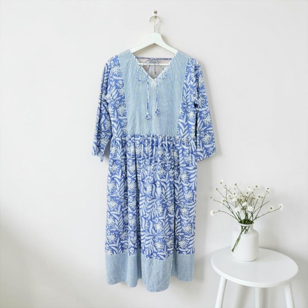 インド綿Vネックワンピース｜ブロックプリント花柄｜UNIQKY