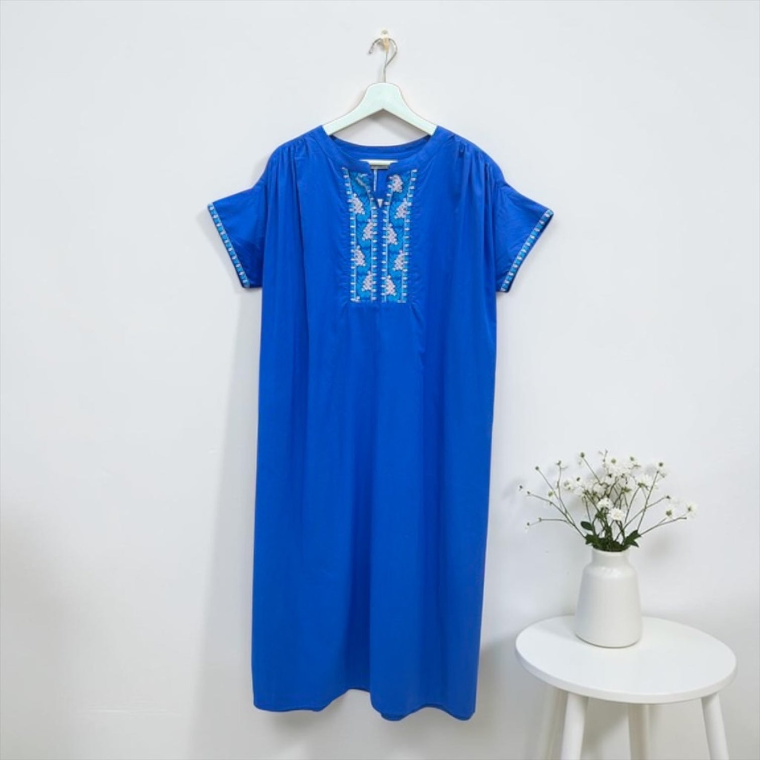 刺繍 コットンワンピース｜インド綿 ロング ゆったり 半袖 リラックスワンピース