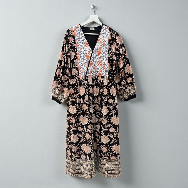 インド綿 ブロックプリント 胸キルトワンピース