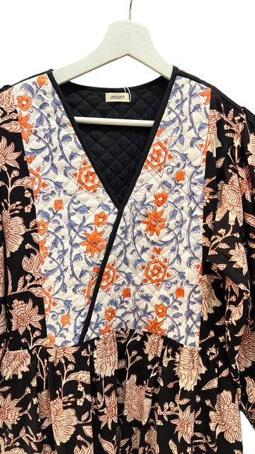 インド綿 ブロックプリント 胸キルトワンピース