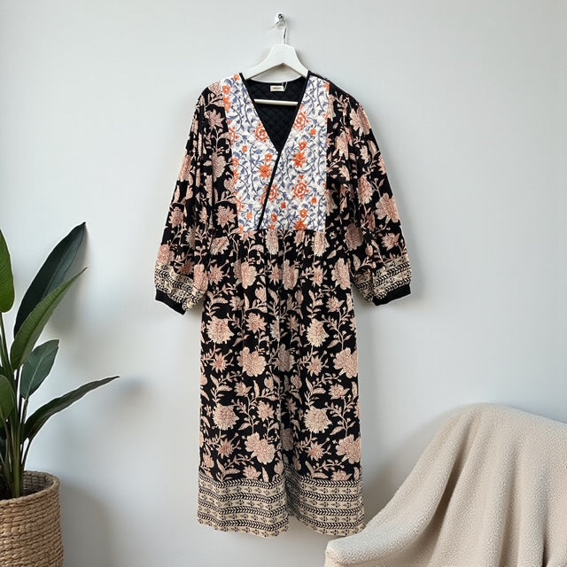インド綿 ブロックプリント 胸キルトワンピース
