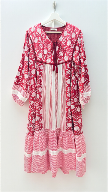 ブロックプリント胸キルトワンピース