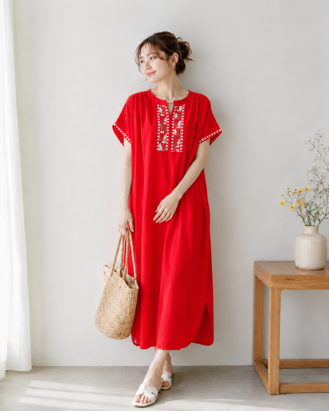 刺繍 コットンワンピース｜インド綿 ロング ゆったり 半袖 リラックスワンピース