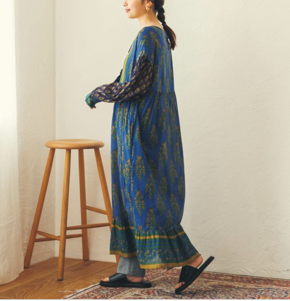 コットンボイル プリント切替フレアワンピース インド製 — UNIQKY コットンボイル プリント切替フレアワンピース インド製 — UNIQKY