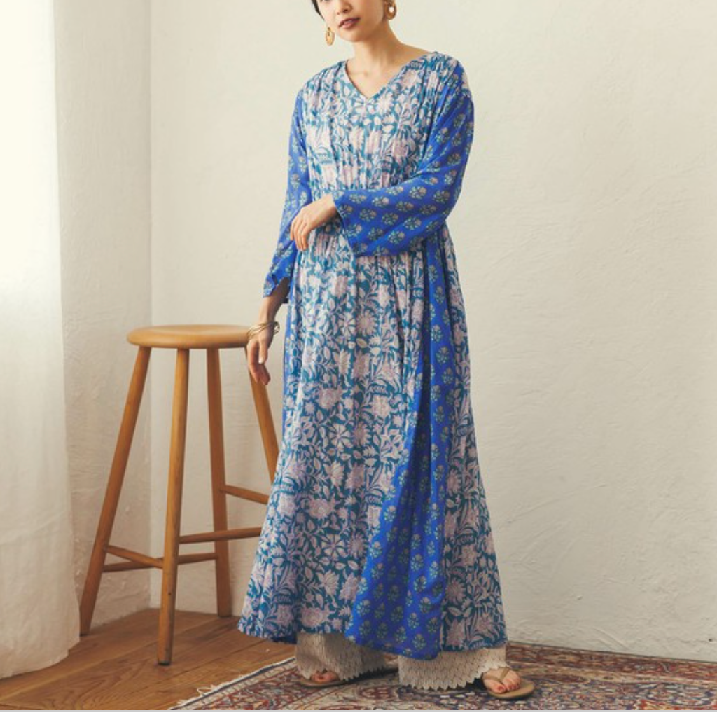 コットンボイル プリント切替ギャザーワンピース インド製 — UNIQKY コットンボイル プリント切替ギャザーワンピース インド製 — UNIQKY
