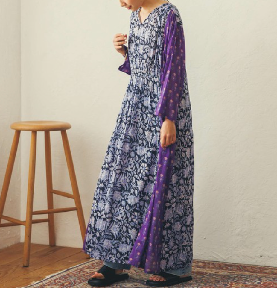 コットンボイル プリント切替ギャザーワンピース インド製 — UNIQKY コットンボイル プリント切替ギャザーワンピース インド製 — UNIQKY