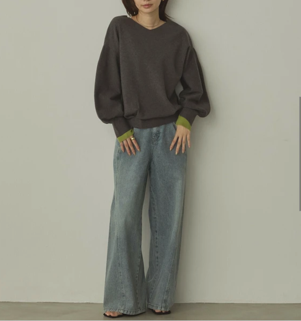 静電気防止 やわもちヤーン 袖ぽわん配色ニット 2025新作 A/W