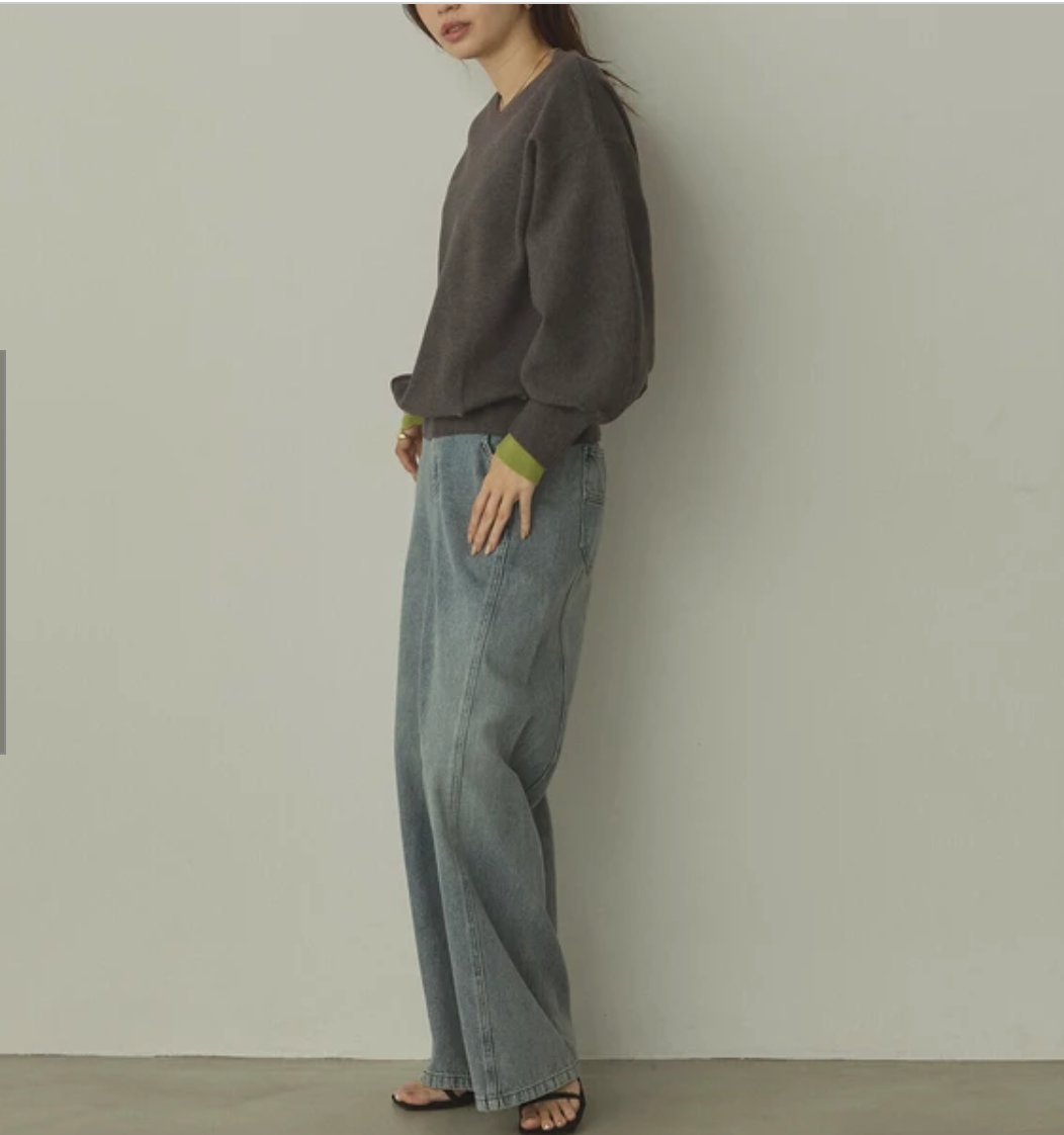 静電気防止 やわもちヤーン 袖ぽわん配色ニット 2025新作 A/W