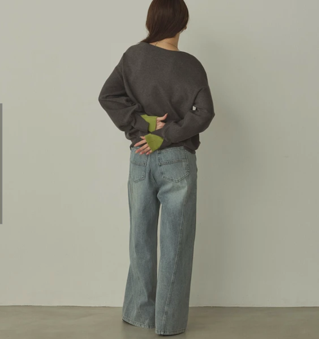 静電気防止 やわもちヤーン 袖ぽわん配色ニット 2025新作 A/W