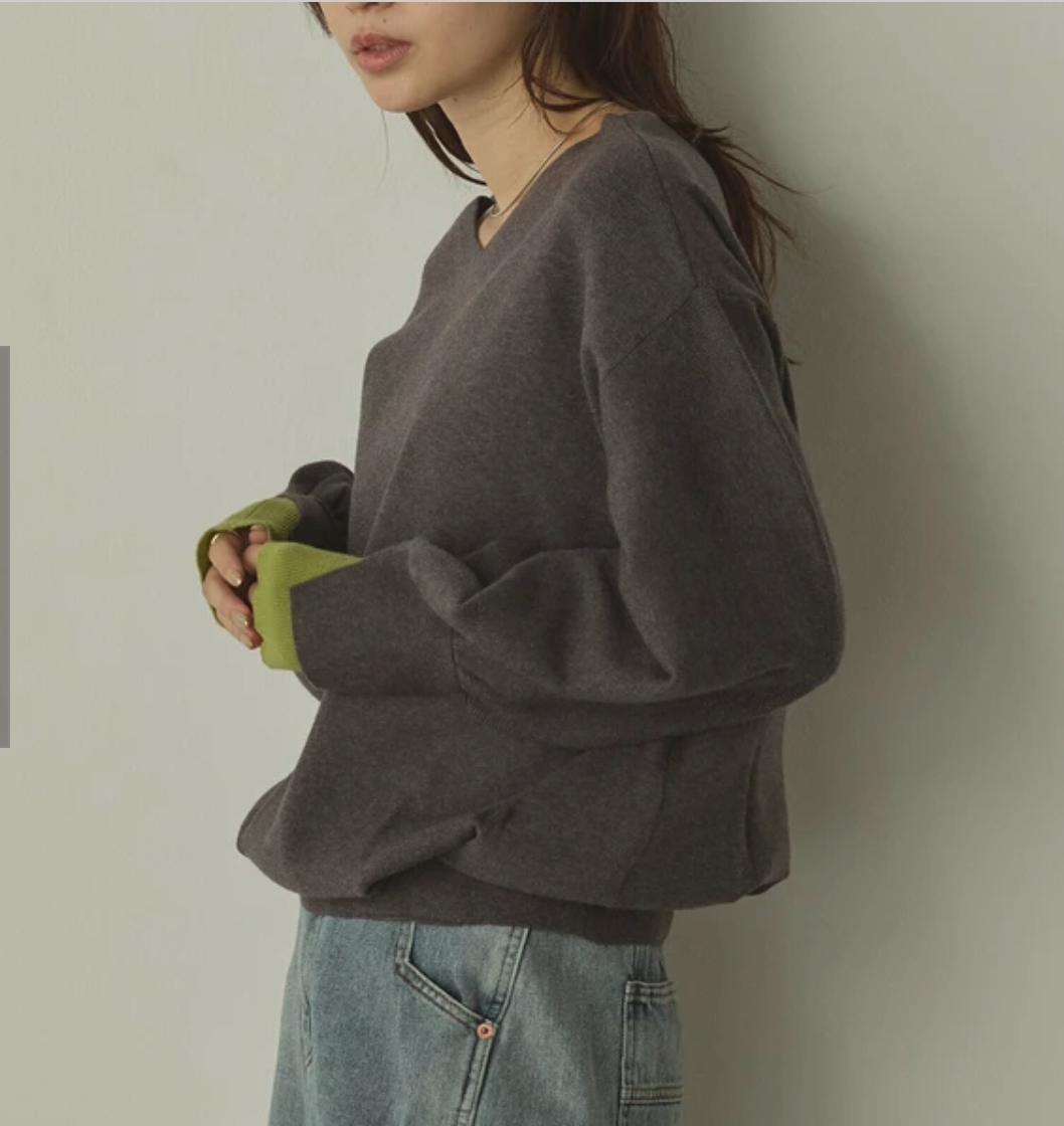 静電気防止 やわもちヤーン 袖ぽわん配色ニット 2025新作 A/W