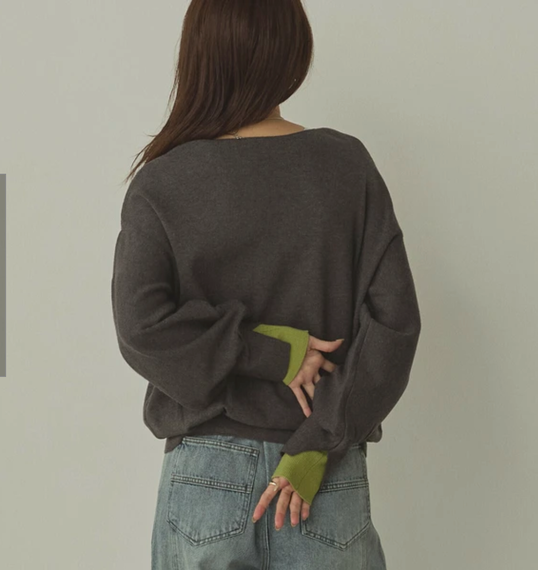 静電気防止 やわもちヤーン 袖ぽわん配色ニット 2025新作 A/W