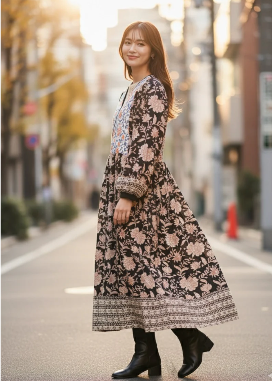 インド綿 ブロックプリント 胸キルトワンピース