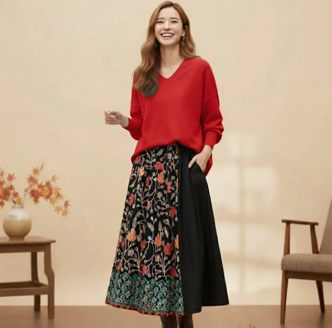 「立体感」×「花刺繍」 切り替えロングスカート