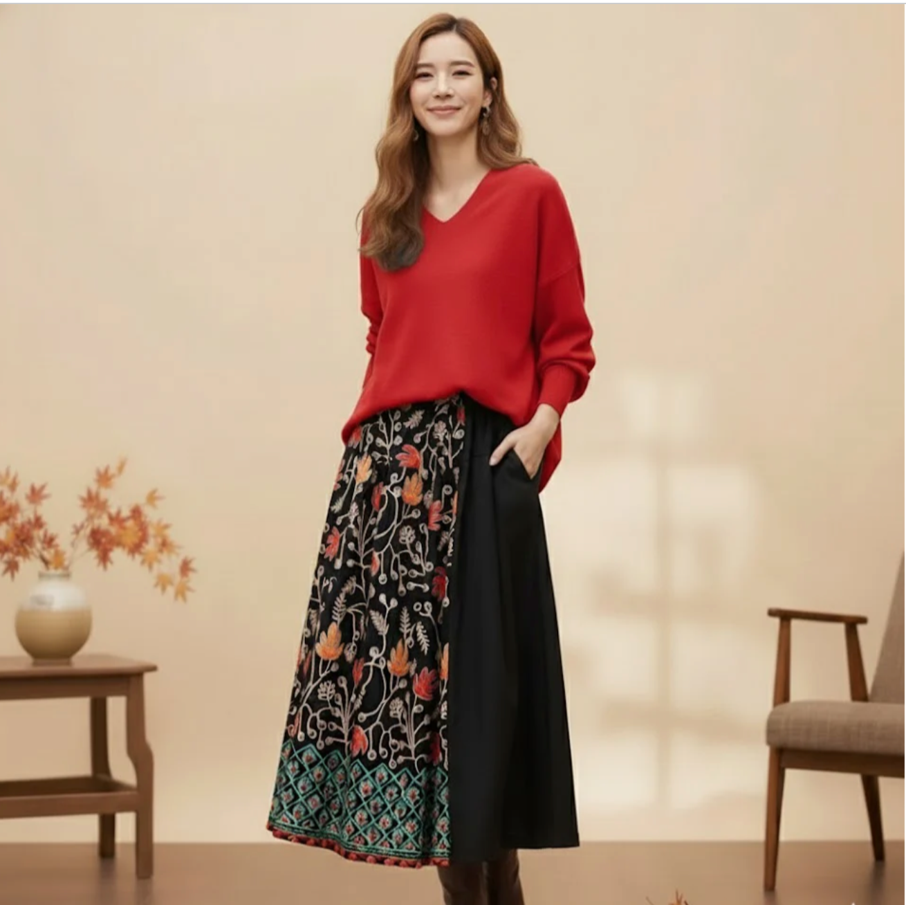 「立体感」×「花刺繍」 切り替えロングスカート