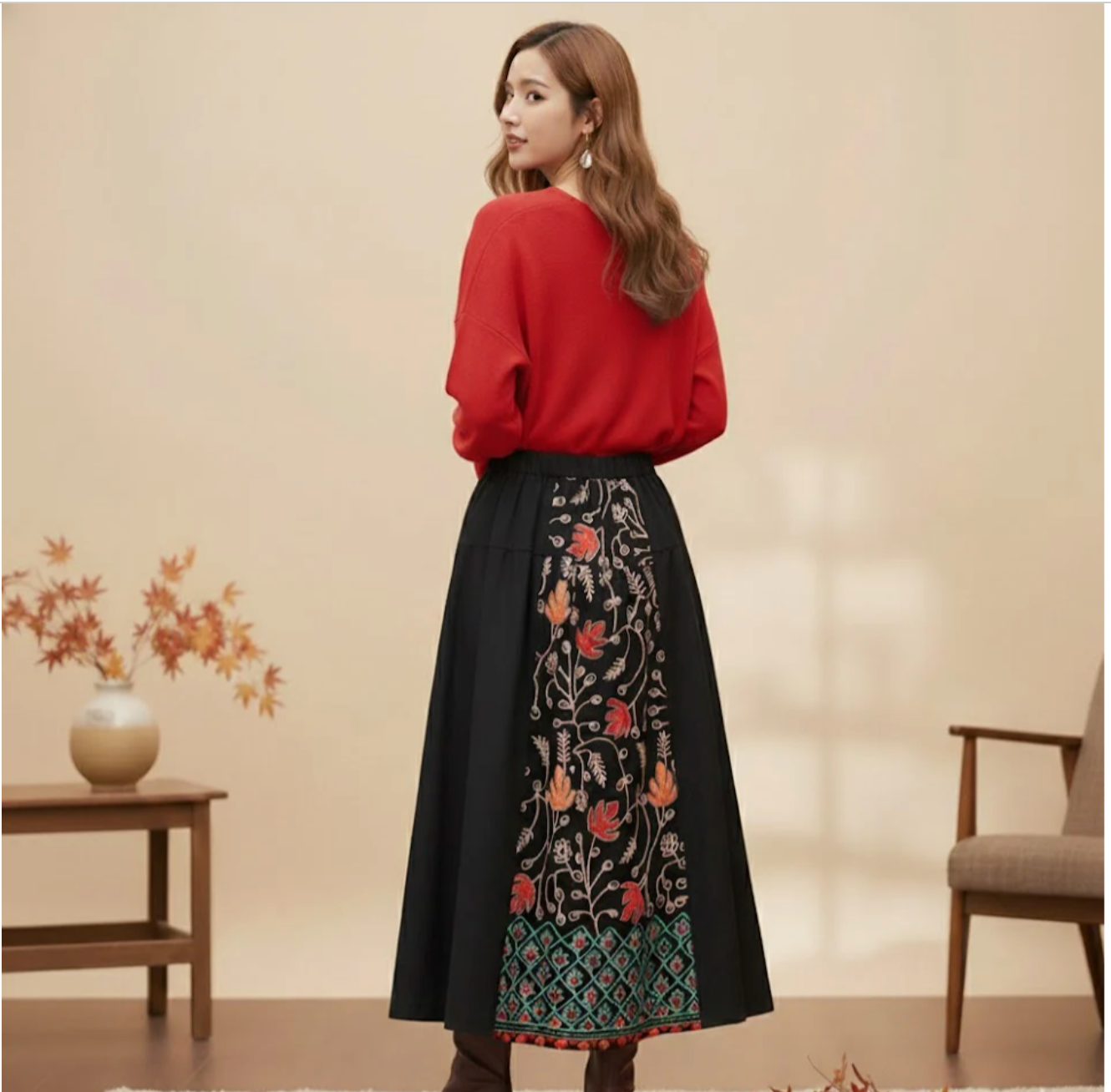 「立体感」×「花刺繍」 切り替えロングスカート