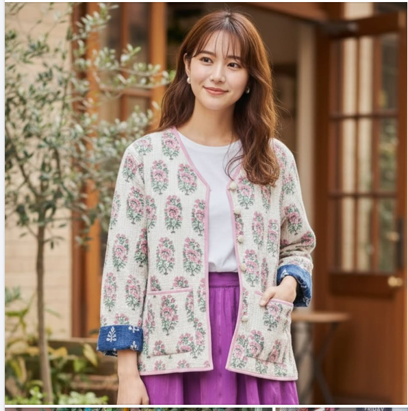 綿ブロックプリントキルト リバーシブルジャケット