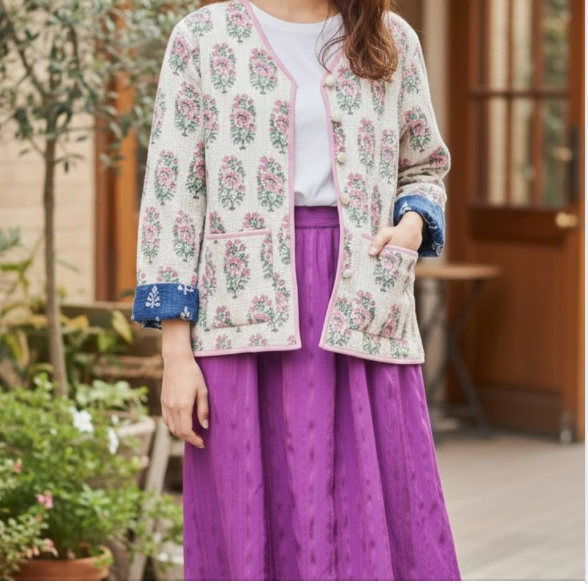 綿ブロックプリントキルト リバーシブルジャケット