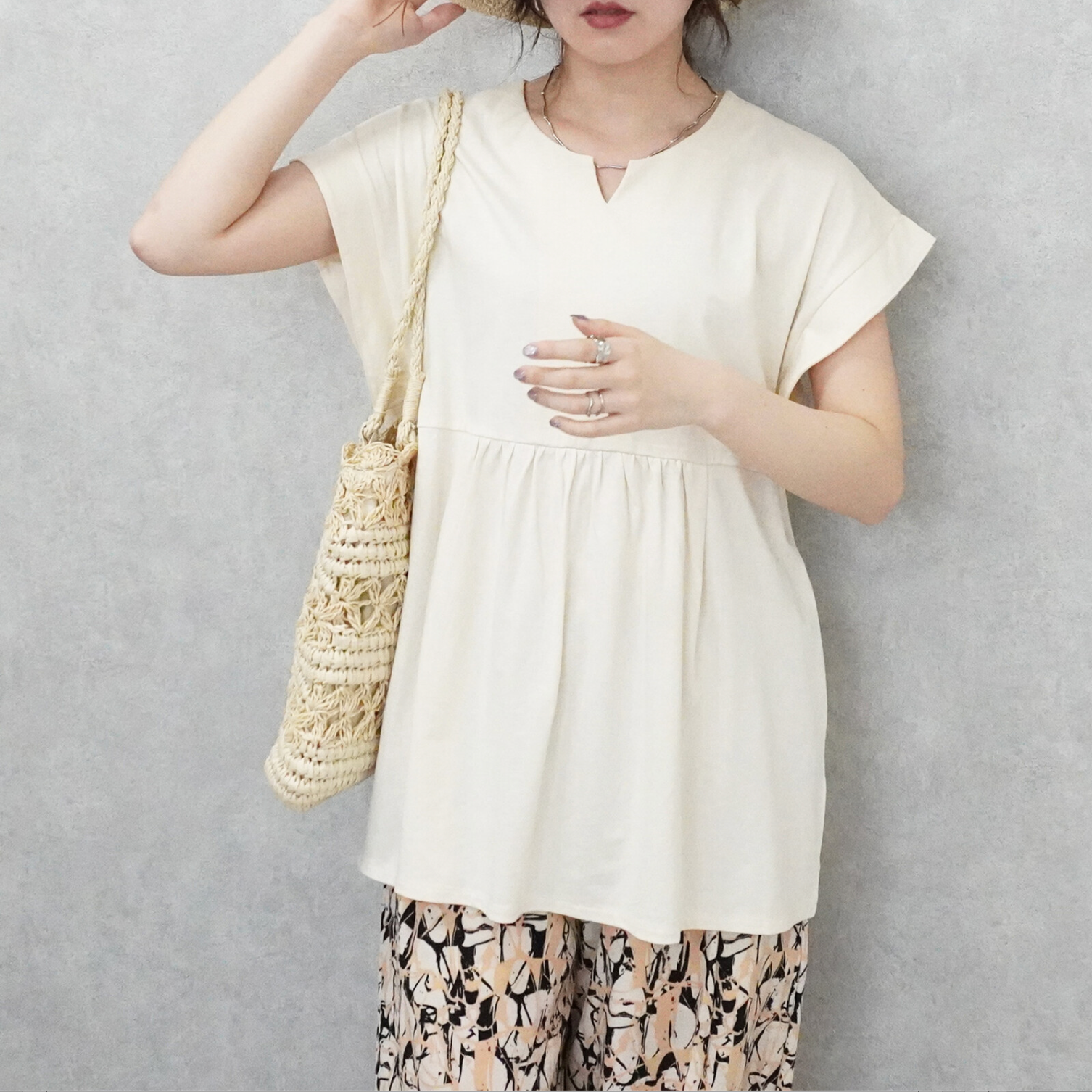 ミニVネックペプラムフレンチTシャツ キーネック カットソー
