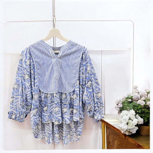 花柄ブロックプリント  インド綿  ブラウス  /春夏秋 3シーズン対応