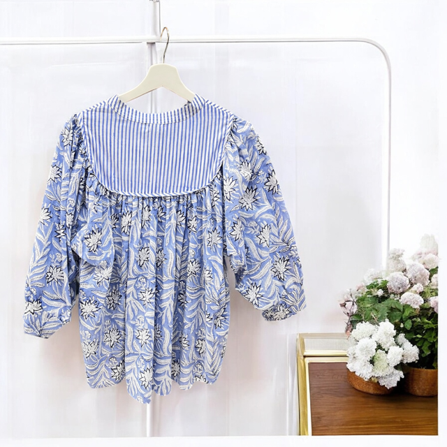 花柄ブロックプリント  インド綿  ブラウス  /春夏秋 3シーズン対応
