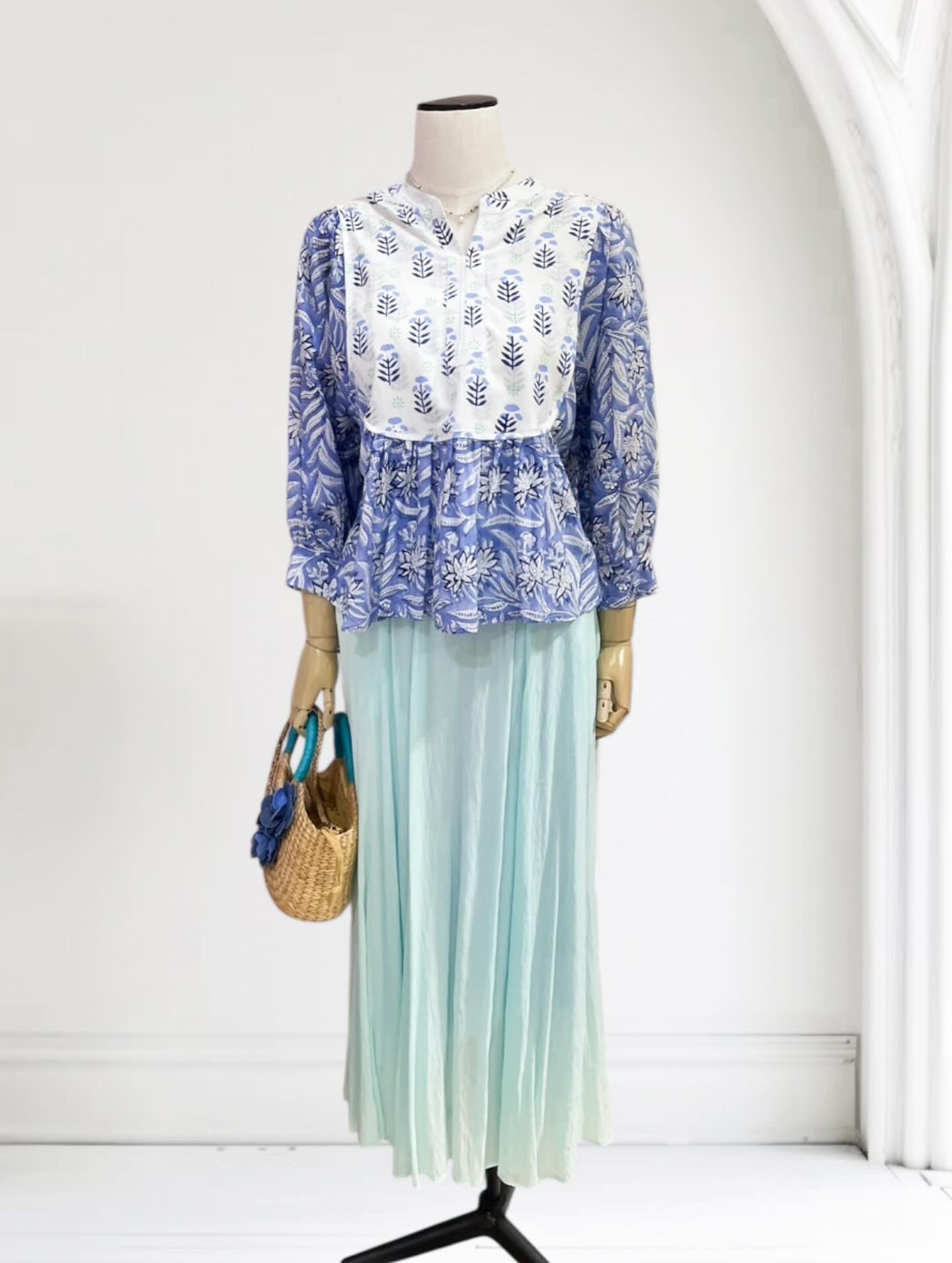 花柄ブロックプリント  インド綿  ブラウス  /春夏秋 3シーズン対応