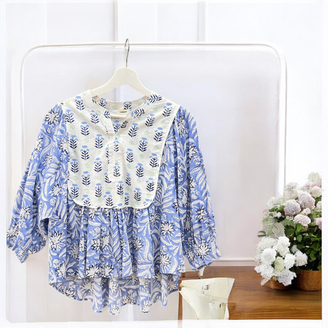 花柄ブロックプリント  インド綿  ブラウス  /春夏秋 3シーズン対応