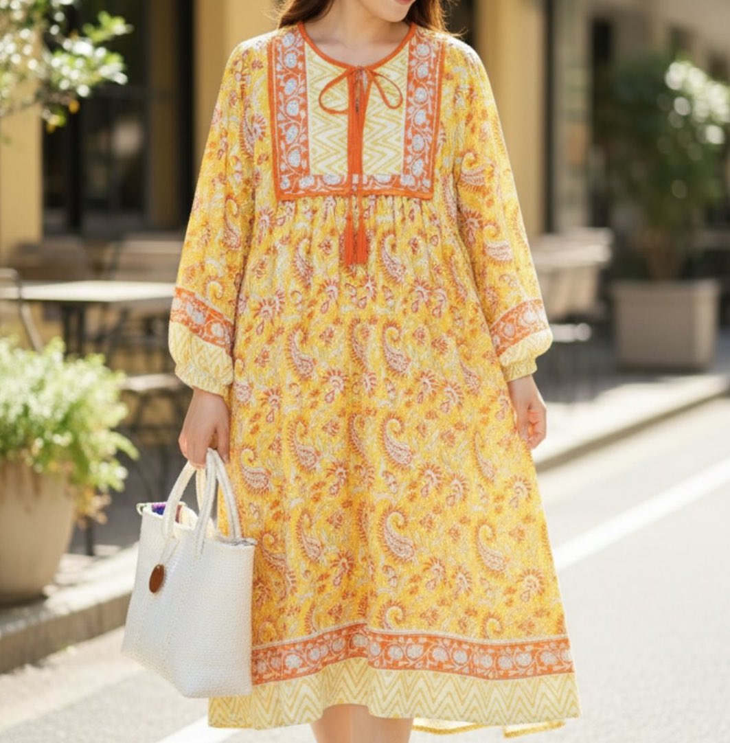 インド綿ブロックプリントワンピース グリーン 着用画像