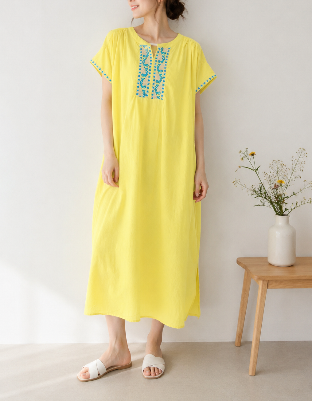 刺繍 コットンワンピース イエロー 半袖 リラックス インド綿