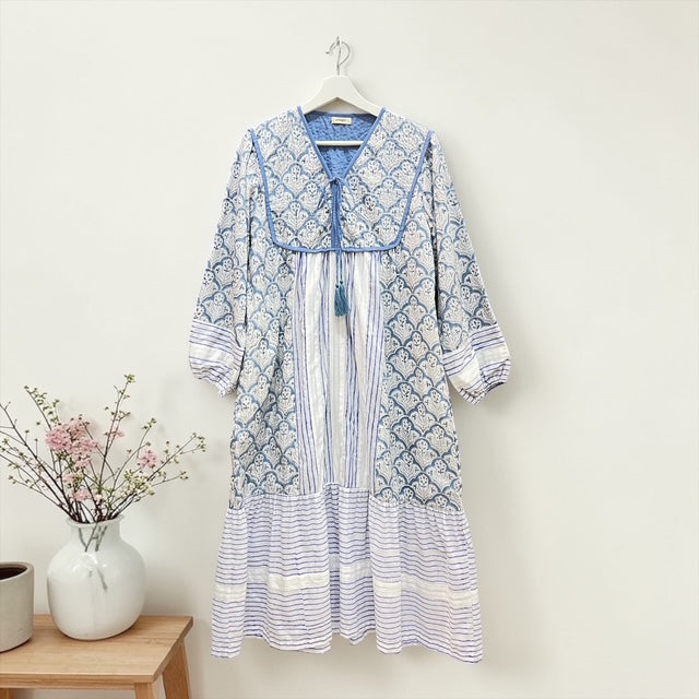 ブロックプリント胸ステッチワンピース