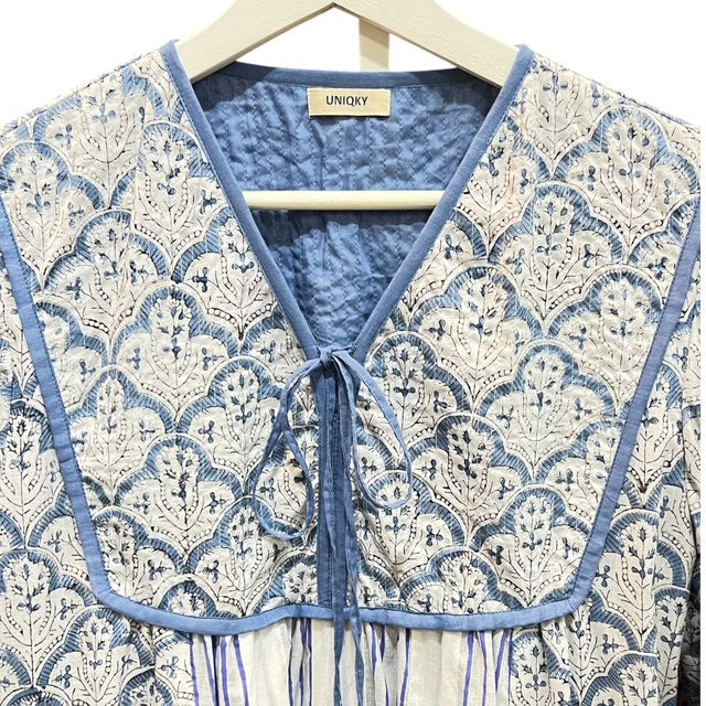 ブロックプリント胸ステッチワンピース