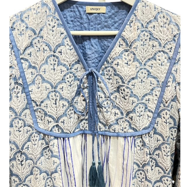 ブロックプリント胸ステッチワンピース