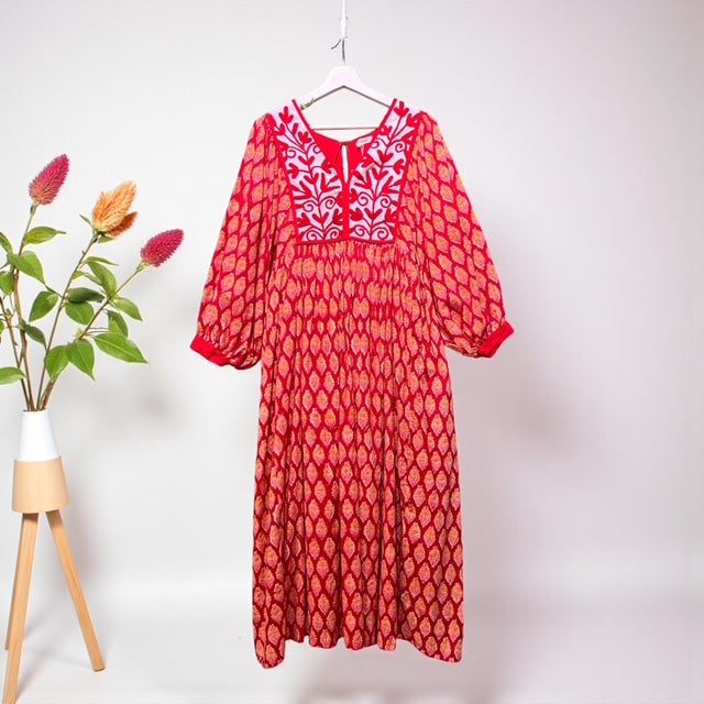 刺繍コットン・エスニックフラワーワンピース  インド綿